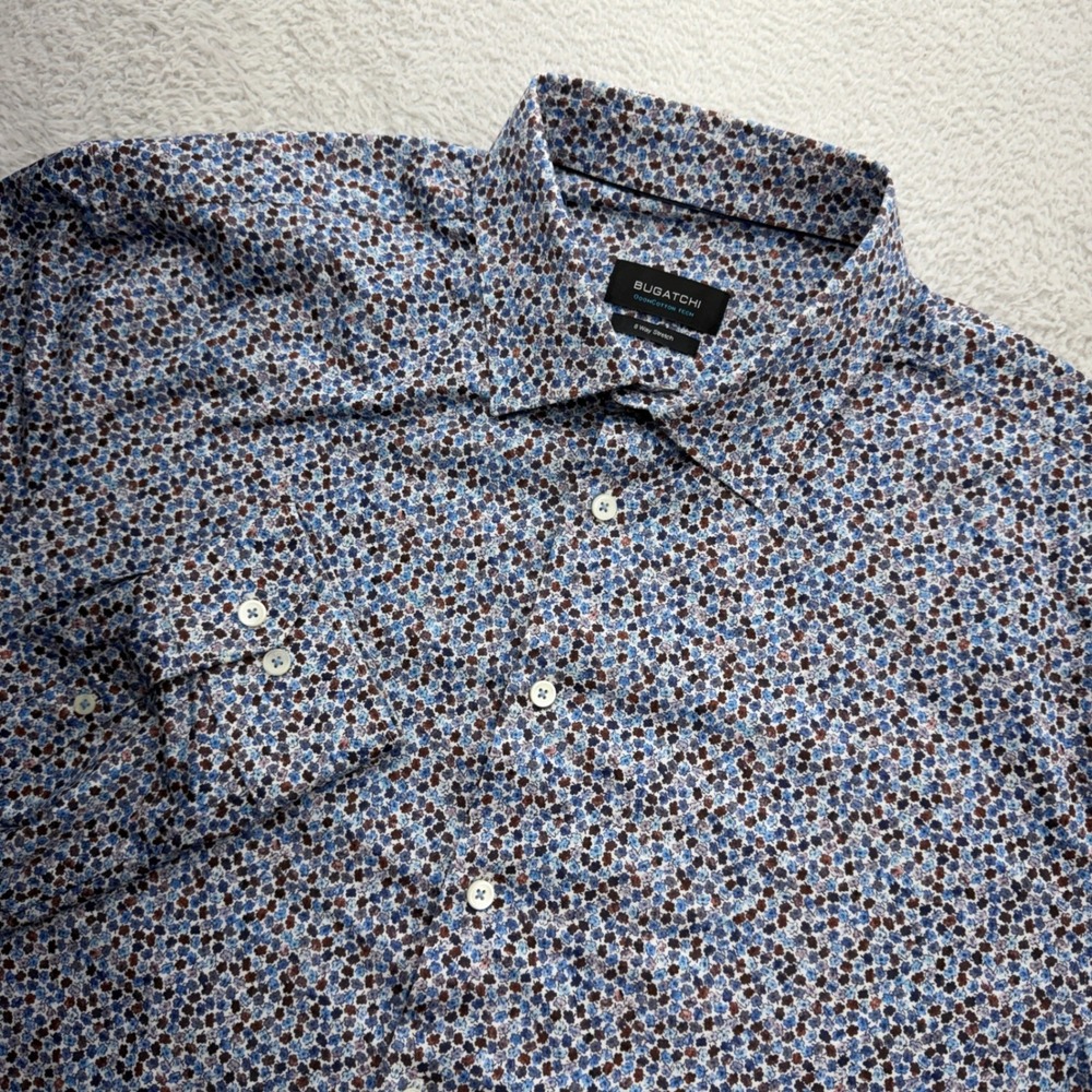 Bugatchi OoohCotton Tech Shirt Mens XXL Blue Brown Micro Floral 8-Way Stretch